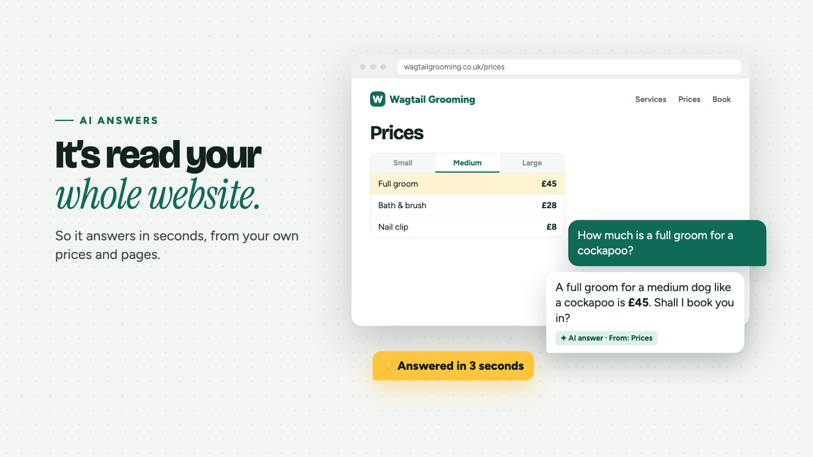 Chatterbell’s AI answering a customer with the price from a dog groomer’s website